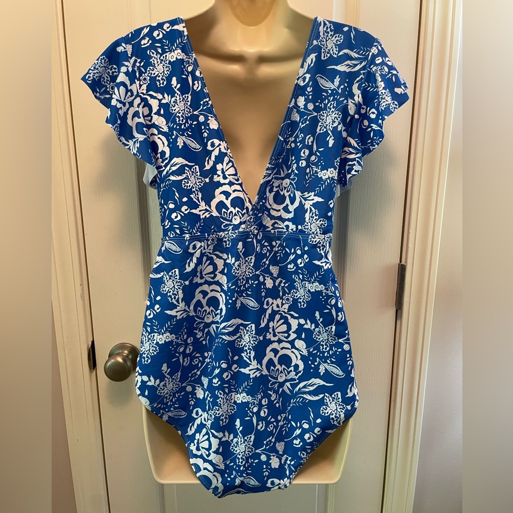 NWOT Blue and White Floral Swimsuit with Ruffled Sleeves - Picture 4 of 7